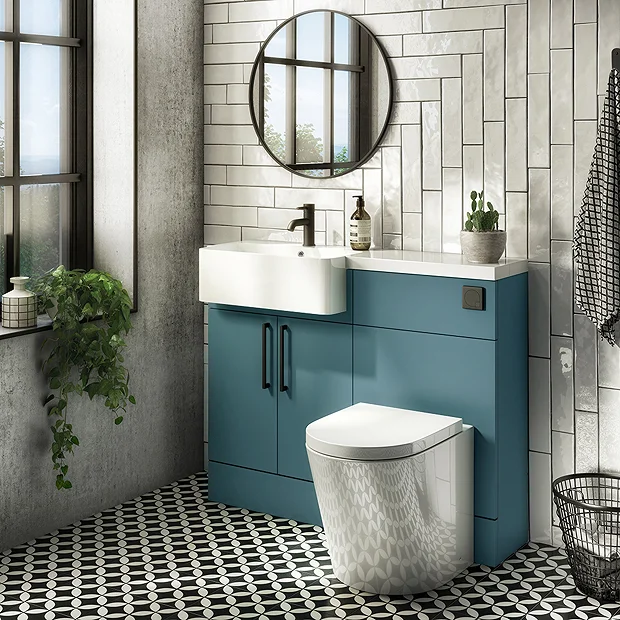 Arezzo 1100 Matt Green Semi-Recessed Round Combination Vanity Unit (Matt Black Flush & Handles) 2 Arezzo 1100 Matt Green Semi-Recessed Round Combination Vanity Unit (Matt Black Flush & Handles) - Image 2