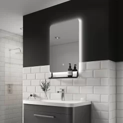 Arezzo Matt Black 800 X 500mm Backlit LED Bathroom Mirror With Hanging Shelf & Anti-Fog