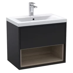 Arezzo Senza 600mm Matt Black / Vicenza Oak Wall Hung Vanity Unit With Open Shelf + Ceramic Basin -Ideal Standard Store azblavo6d2